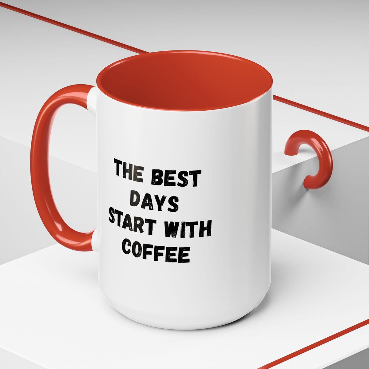 Ceramic coffee mug with the phrase "The Best Days Start With Coffee" in black text, 11oz size, printed by Printify.