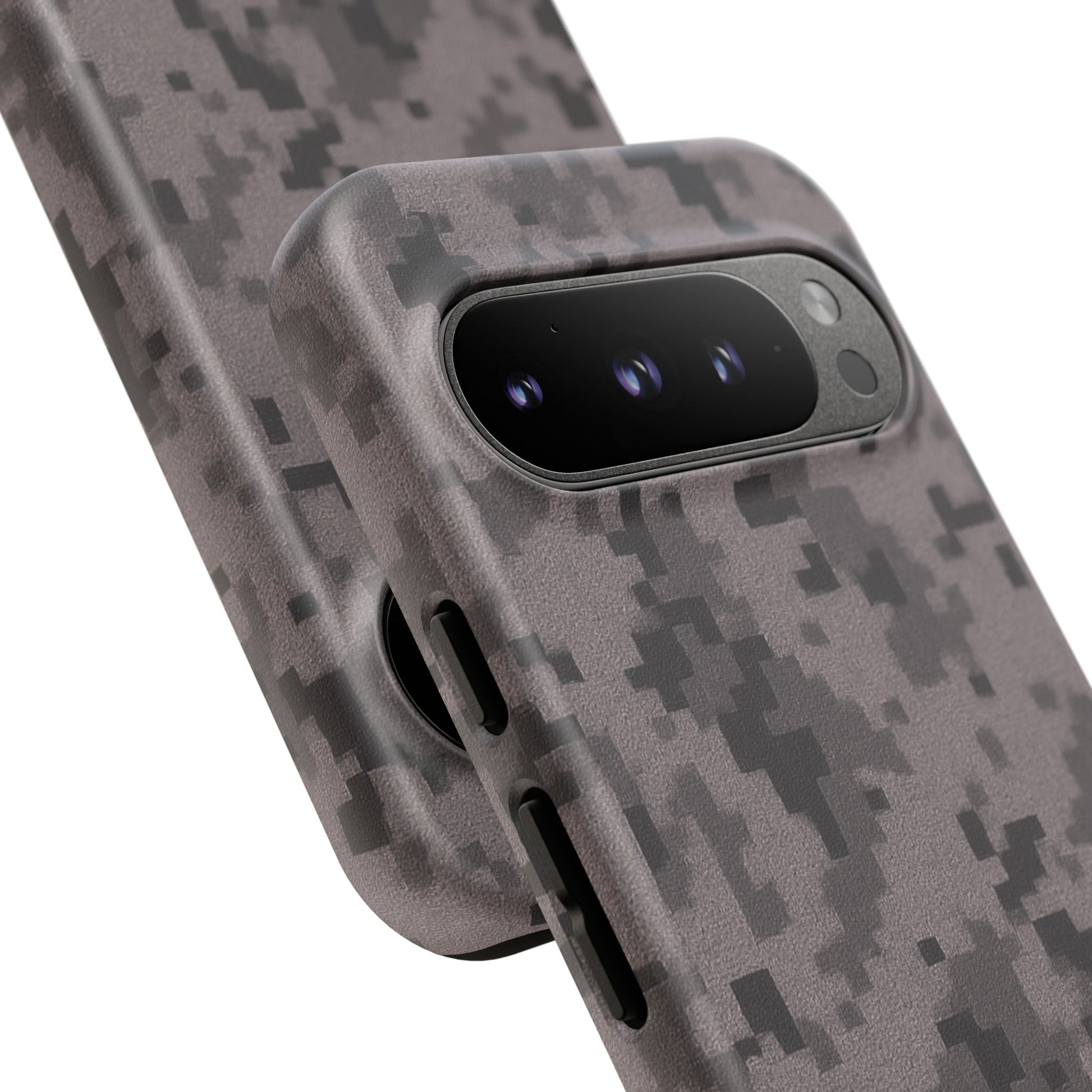 Gray digital camouflage phone case by Printify, tough protective cover for smartphones with camouflage pattern.