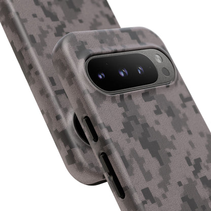 Gray digital camouflage phone case by Printify, tough protective cover for smartphones with camouflage pattern.