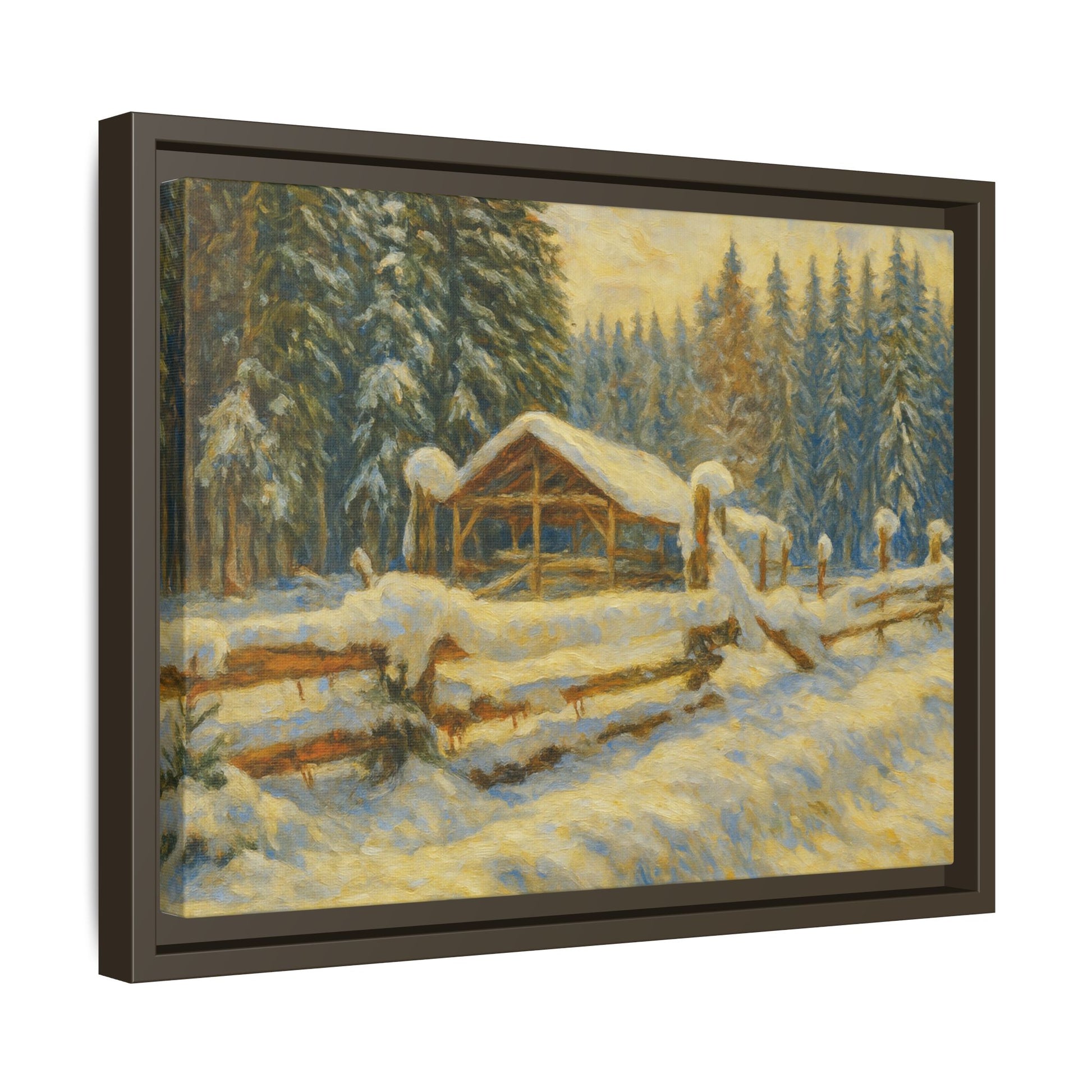 Snowy cabin winter landscape canvas wall art by Printify featuring a cozy cabin scene in a snowy forest setting.