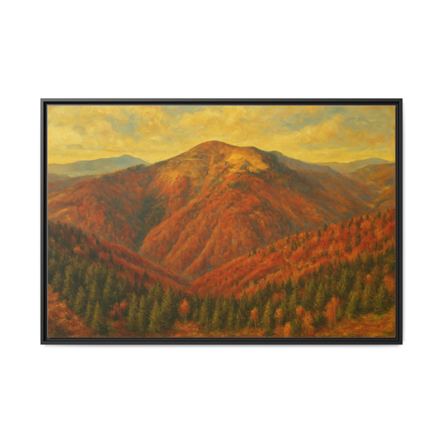 Autumn mountain matte canvas framed wall art by Printify showcasing a scenic mountain landscape in warm autumn tones.