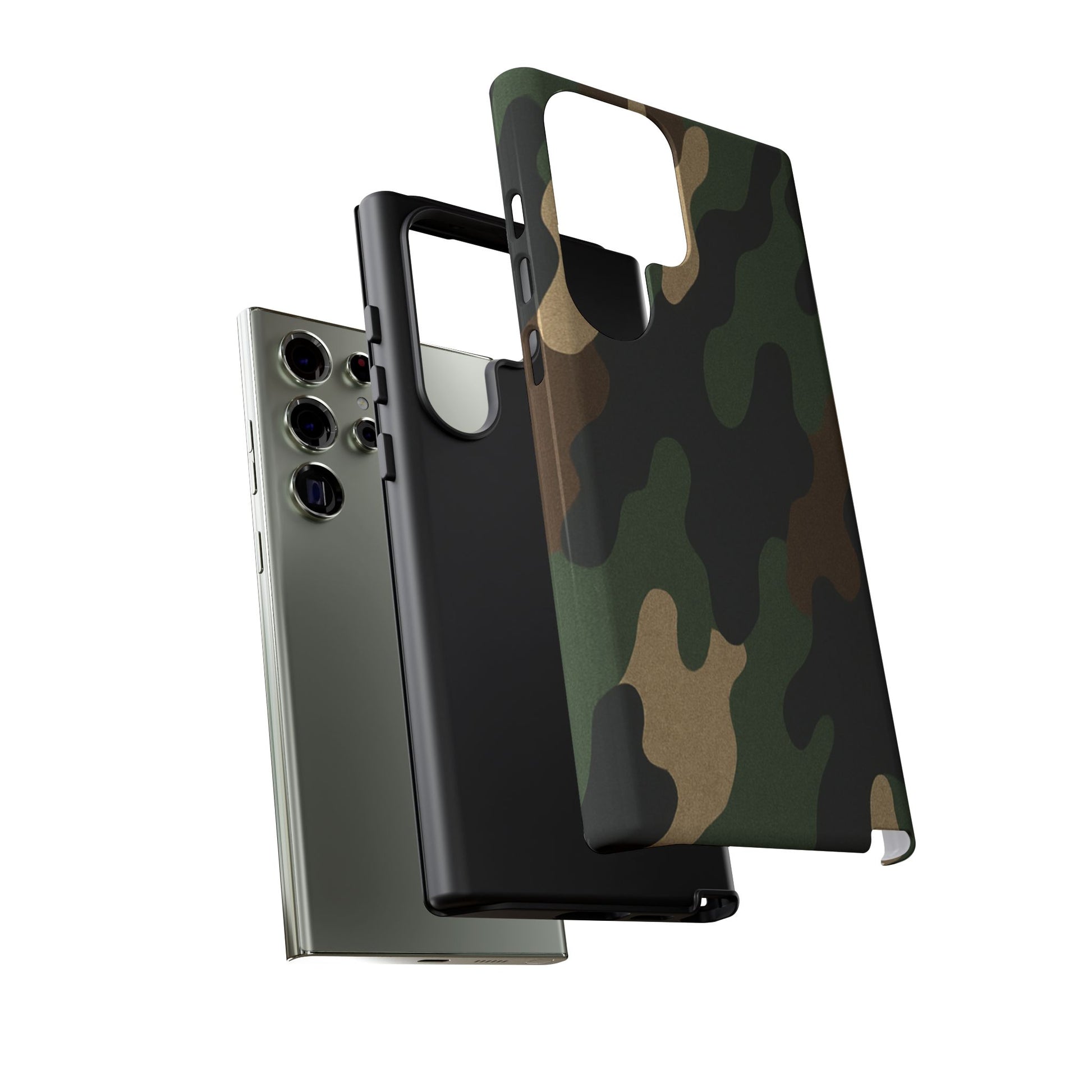 Military green Camo Tough Phone Case by Printify, rugged protective cover with camouflage design for smartphones.