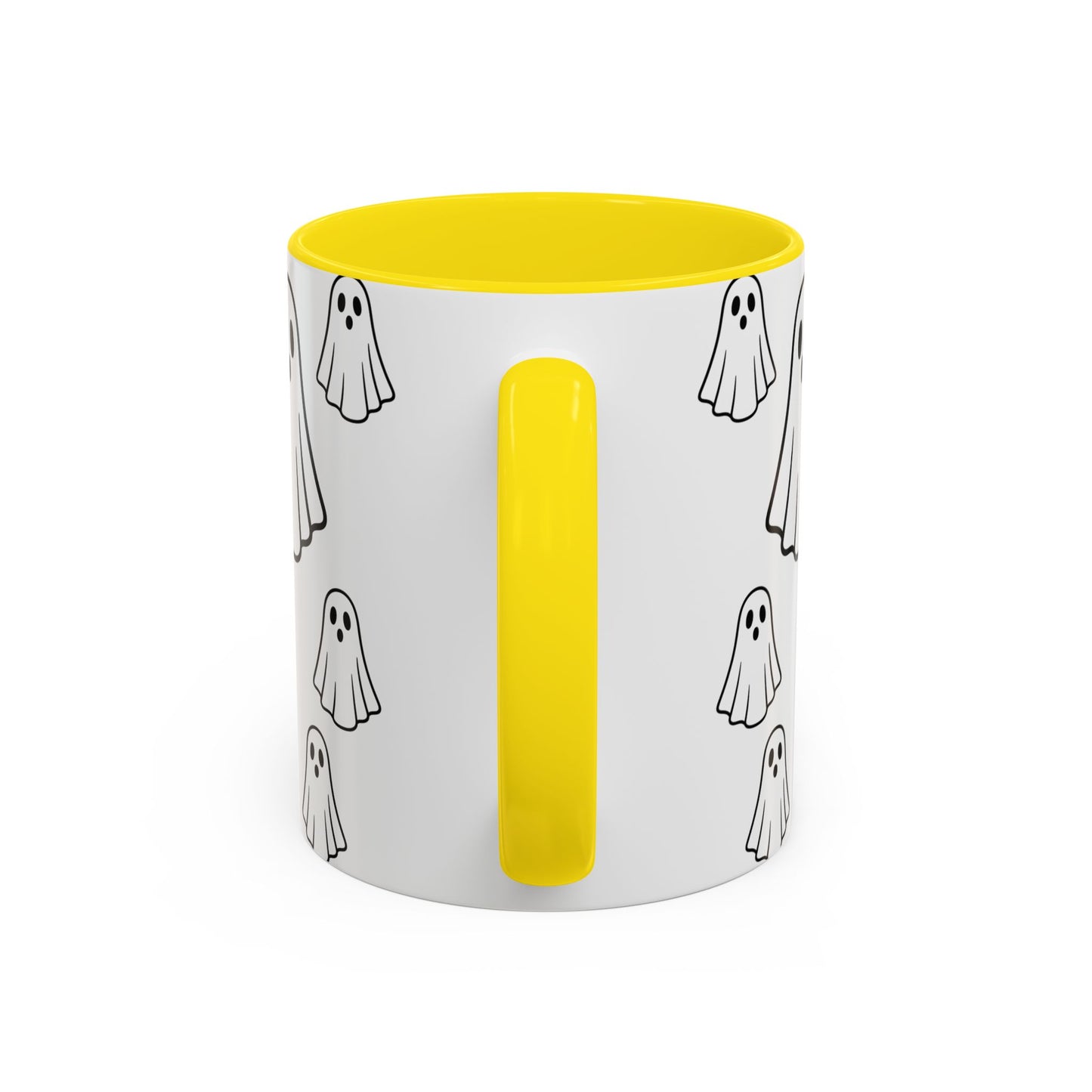 Printify ghost pattern accent coffee mug with cute Halloween design, ceramic material, 11oz or 15oz size, perfect for seasonal drinks.