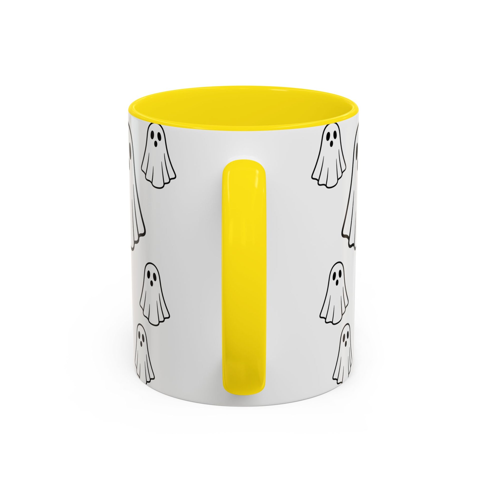 Printify ghost pattern accent coffee mug with cute Halloween design, ceramic material, 11oz or 15oz size, perfect for seasonal drinks.