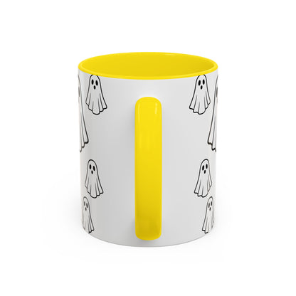 Printify ghost pattern accent coffee mug with cute Halloween design, ceramic material, 11oz or 15oz size, perfect for seasonal drinks.