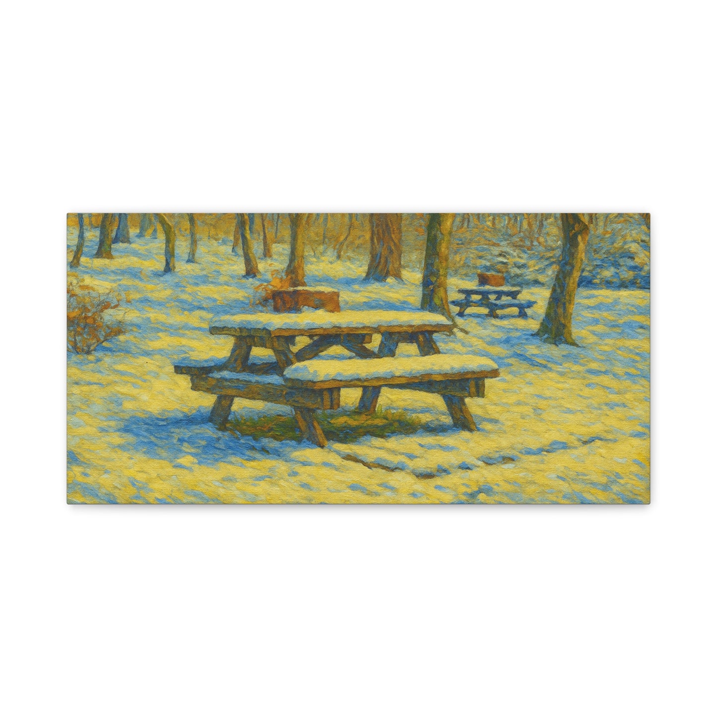 Winter picnic canvas print featuring a snow-covered park bench, wall art by Printify, perfect for cozy seasonal decor.