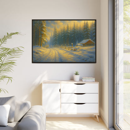Framed winter cabin canvas print featuring a snowy forest sunset, wall art by Printify showcasing a serene winter landscape.