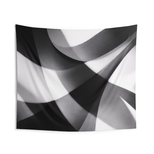 Black and white monochrome wall tapestry with abstract geometric design, ideal for modern home decor.