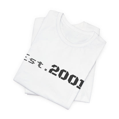 Retro minimalist Est. 2001 graphic T-shirt by Printify featuring a simple birth year design on a casual tee.