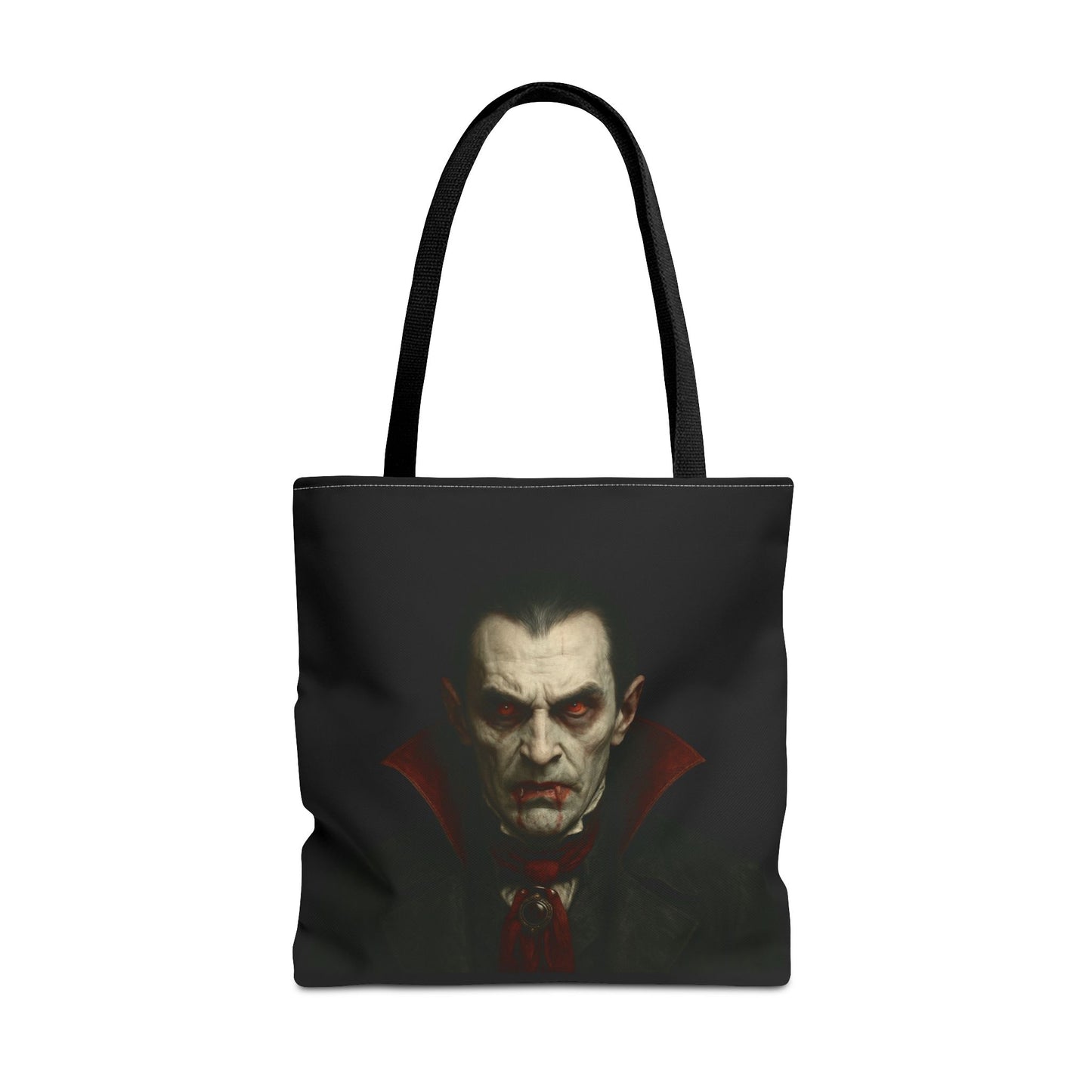 Black vampire-themed tote bag with spooky gothic design, perfect for Halloween accessories, by Printify.