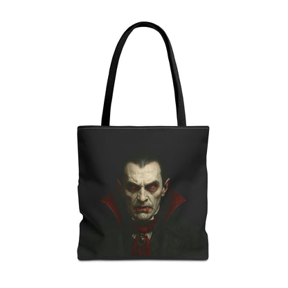 Black vampire-themed tote bag with spooky gothic design, perfect for Halloween accessories, by Printify.
