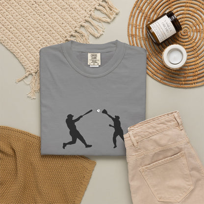 Black baseball silhouette graphic T-shirt featuring minimal baseball players design, casual style by Printify.