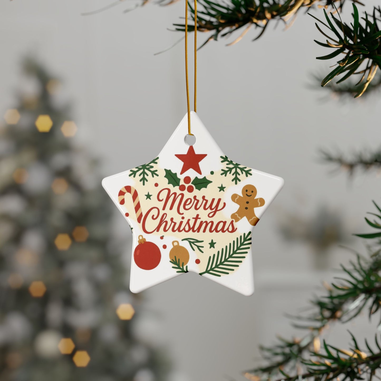 Double-sided Merry Christmas ceramic ornament with gingerbread and candy cane designs, perfect for holiday tree decoration.