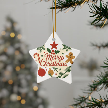 Double-sided Merry Christmas ceramic ornament with gingerbread and candy cane designs, perfect for holiday tree decoration.