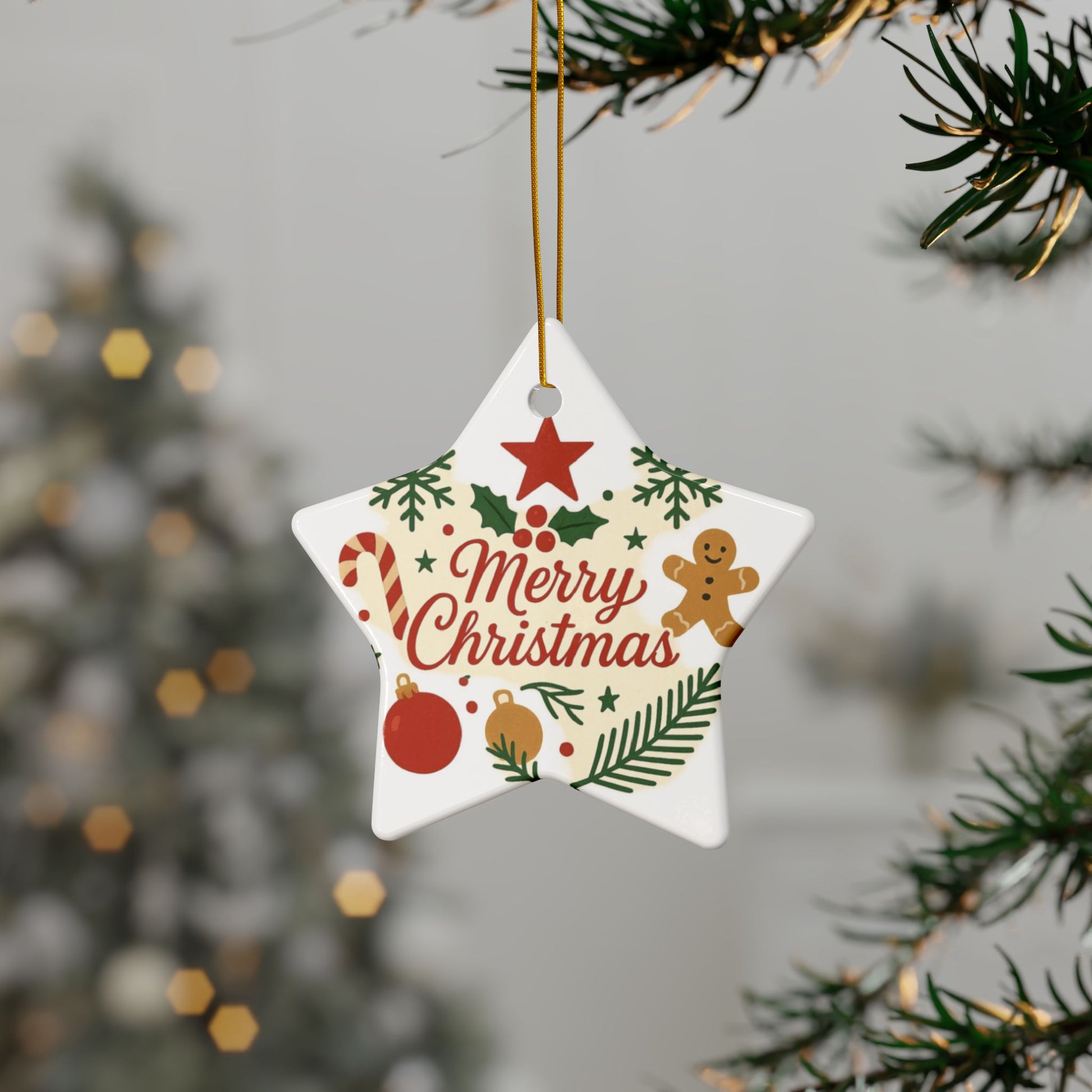 Double-sided ceramic Christmas ornament featuring gingerbread and candy cane designs, holiday tree decoration by Printify.