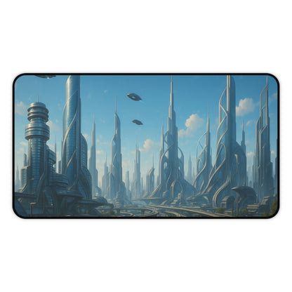 Futuristic cityscape desk mat with sci-fi skyline design, Printify mousepad featuring a vibrant, detailed city scene for workspace decor.