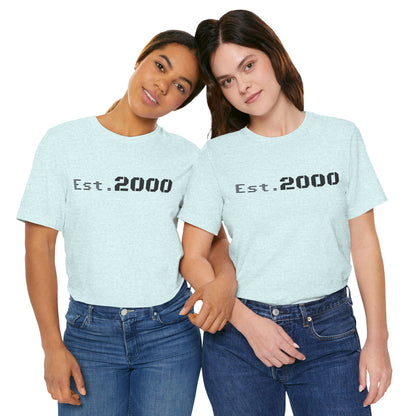 Retro pixel design T-shirt by Printify with "Born in 2000" text, celebrating the year 2000 in a vintage style.