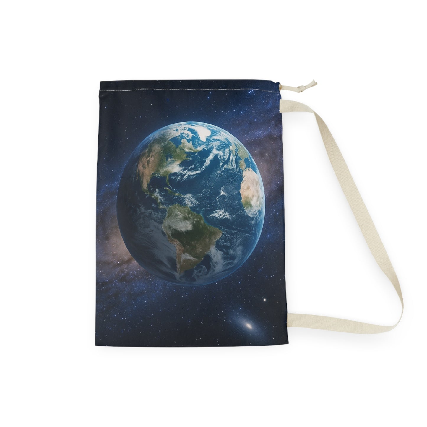 Earth globe laundry bag with planet space print, drawstring canvas pouch for laundry organization and storage.