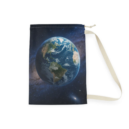 Earth globe laundry bag with planet space print, drawstring canvas pouch for laundry organization and storage.