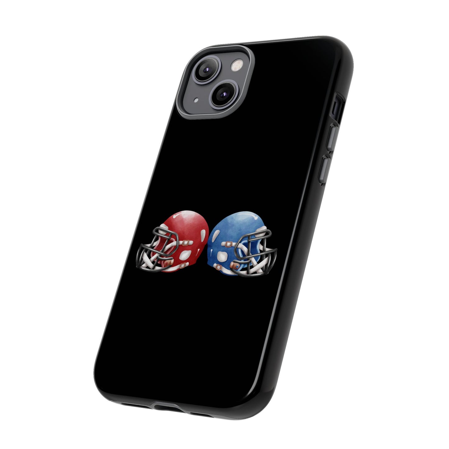 Red and blue football helmet print phone case for iPhone, protective Tough case by Printify featuring sporty design.