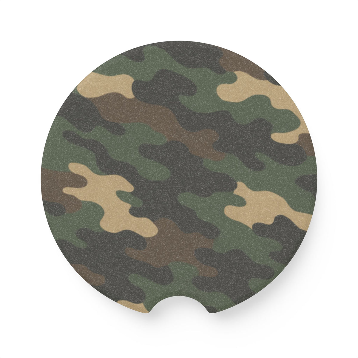 Camouflage soapstone coaster for car cup holder, designed by Printify, featuring a durable, stylish camo pattern for vehicle drink protection.