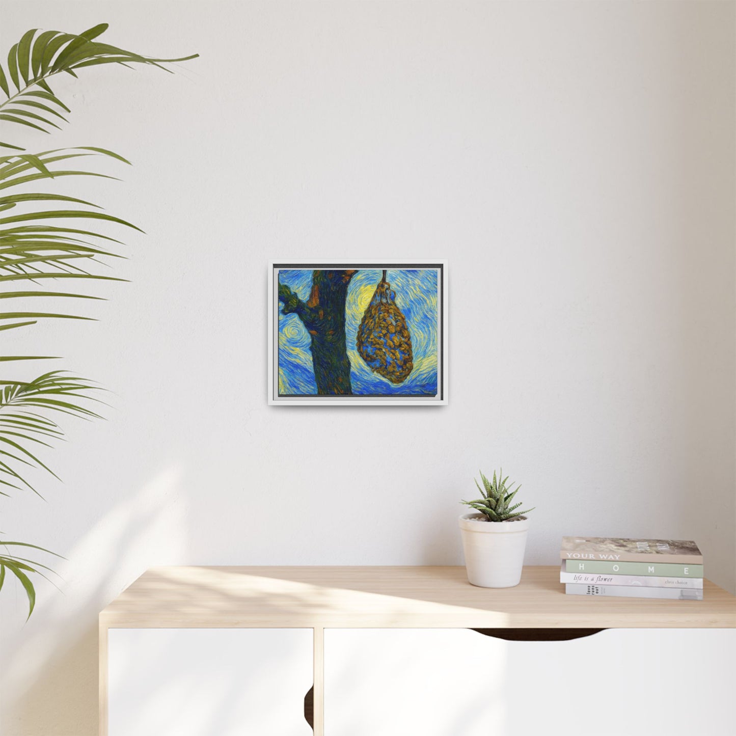 Framed matte canvas art of a starry nut cluster with dried plum in tree, printed by Printify, showcasing detailed botanical artwork.