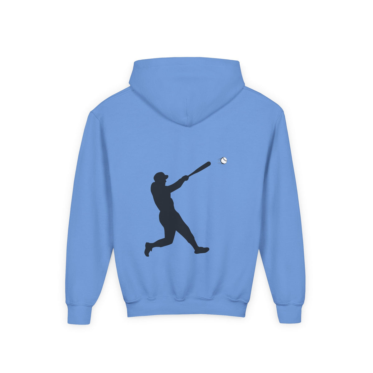 Youth baseball silhouette hoodie for kids, featuring a baseball player graphic on a comfortable pullover sweatshirt.