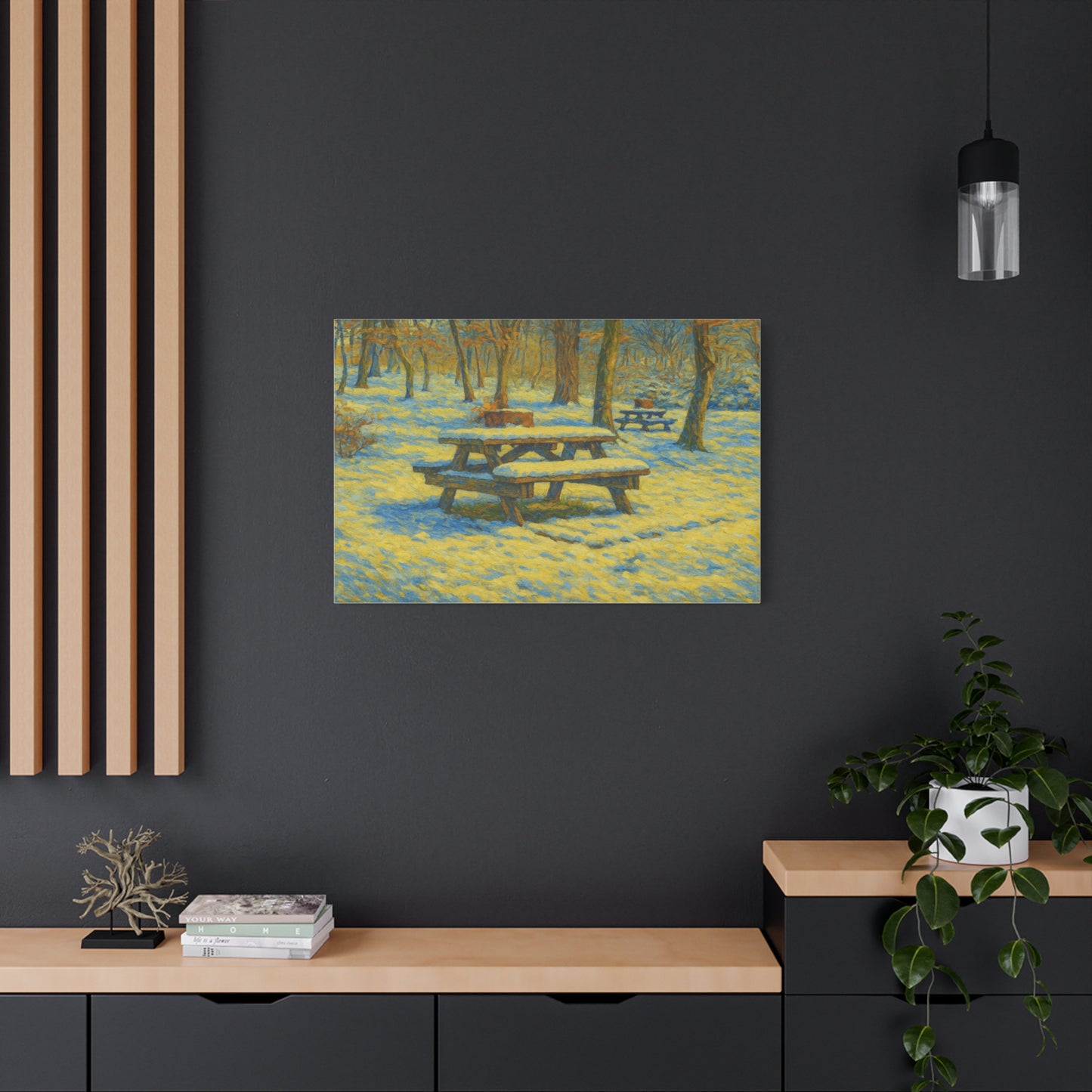 Winter picnic canvas print featuring a snow-covered park bench, wall art by Printify showcasing a serene winter scene.