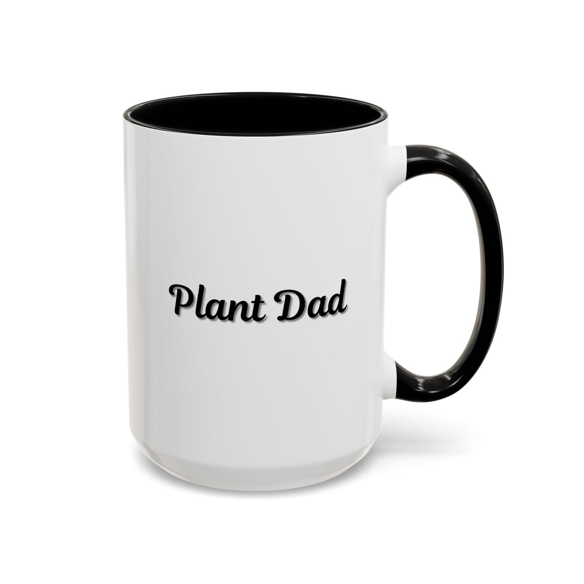 Black-handle Plant Dad coffee mug with plant-themed design, available in 11oz and 15oz sizes, perfect for plant lovers.