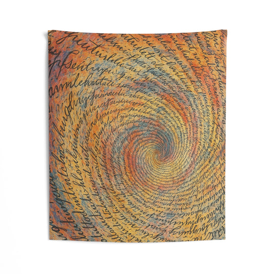 Spiral Script Art wall tapestry with handwritten swirl design in warm earth tones, decorative wall hanging by Printify.