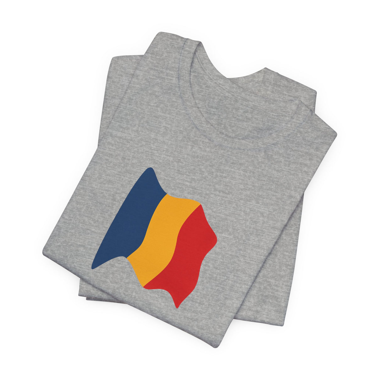 Romania flag T-shirt by Printify featuring a minimal waving tricolor design on a casual tee.