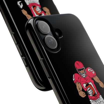 Black football player tough phone case for iPhone, protective sports-themed design by Printify, featuring an athletic football player graphic.