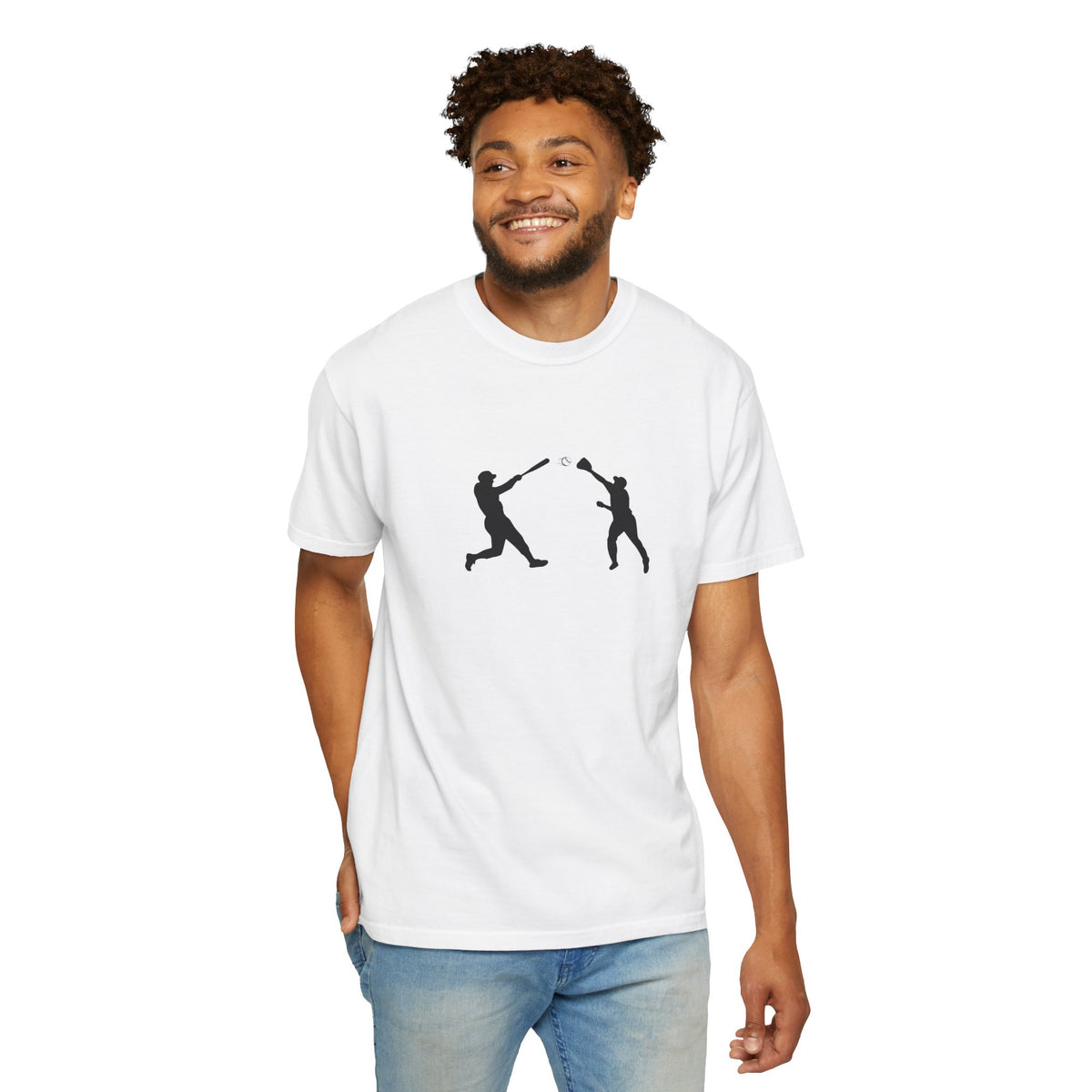 Black baseball silhouette T-shirt featuring a minimal baseball player graphic, stylish casual tee by Printify.
