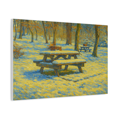 Winter picnic canvas print featuring a snow-covered park bench, wall art by Printify showcasing a serene outdoor scene.