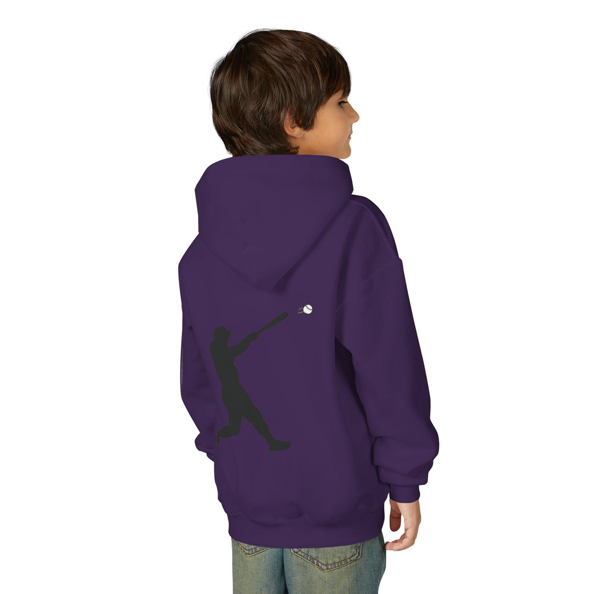 Youth baseball silhouette hoodie featuring a kids baseball player graphic, comfortable pullover designed for young baseball enthusiasts.