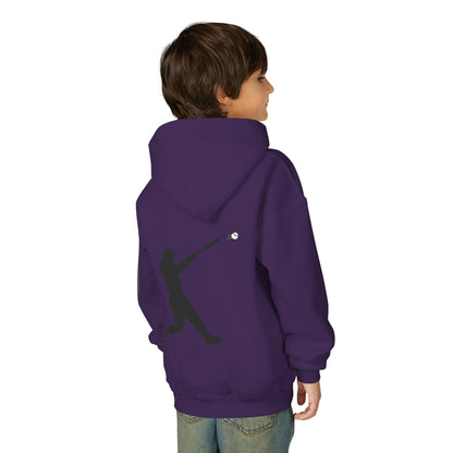 Youth baseball silhouette hoodie featuring a kids baseball player graphic, comfortable pullover designed for young baseball enthusiasts.
