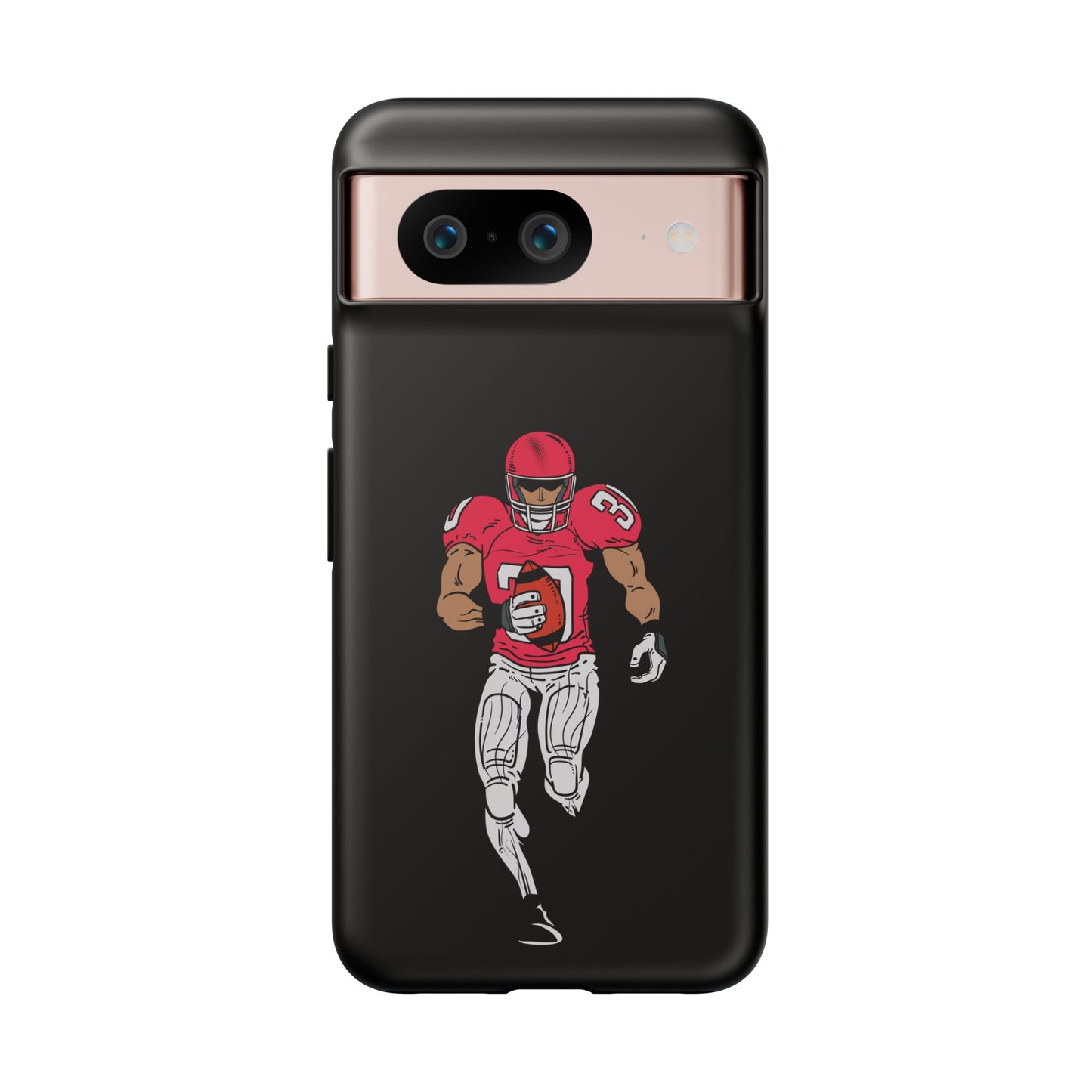 Black football player tough phone case for iPhone, protective sports-themed case with printed athlete design by Printify.