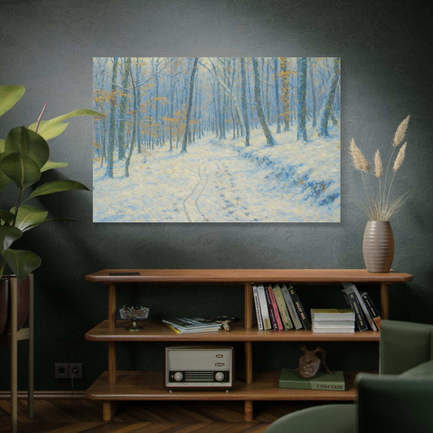 Winter woodland canvas print featuring a snowy forest scene, matte stretched wall art by Printify.