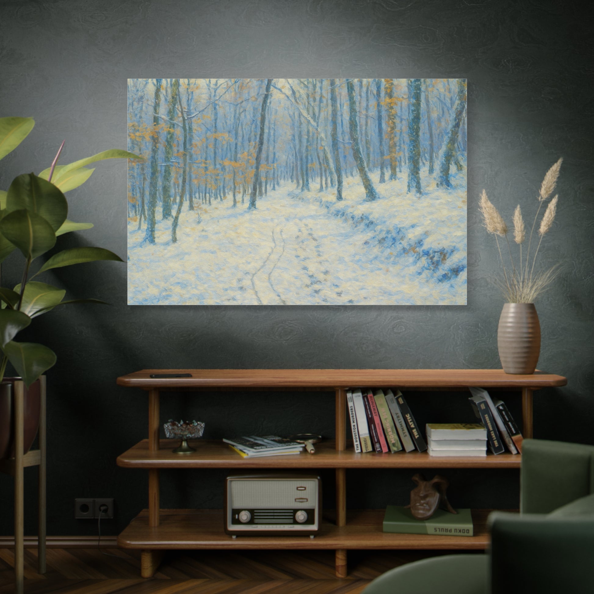 Winter woodland canvas print featuring a snowy forest scene, matte stretched wall art by Printify.