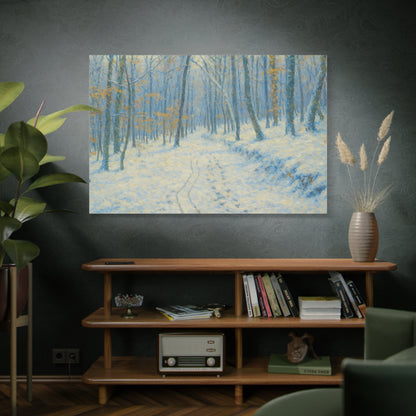 Winter woodland canvas print featuring a snowy forest scene, matte stretched wall art by Printify.