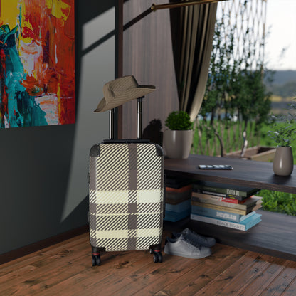 Plaid Carry-On Suitcase — Neutral Beige & Black Travel Luggage