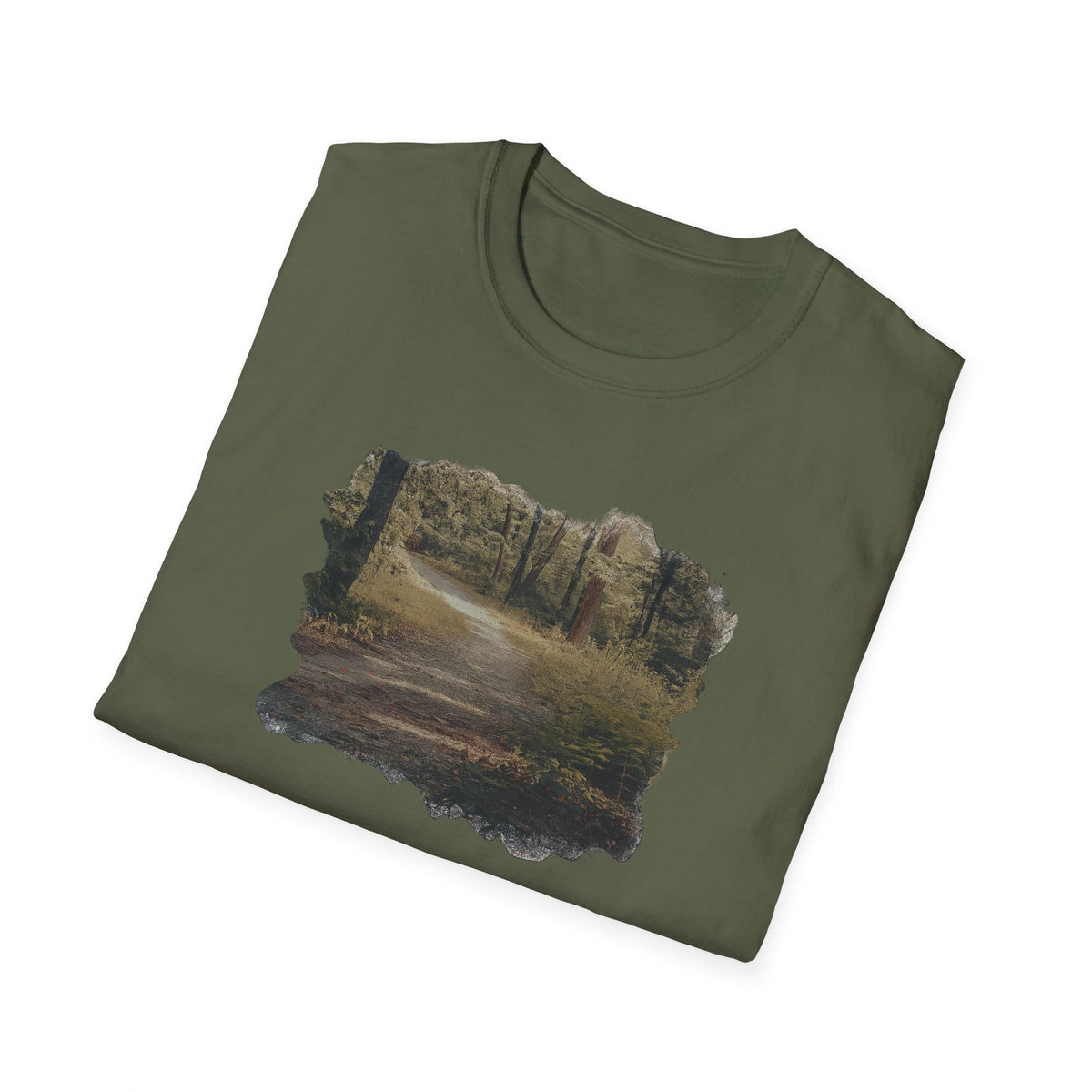 Vintage forest landscape T-shirt by Printify featuring a nature pathway design on a casual cotton tee.