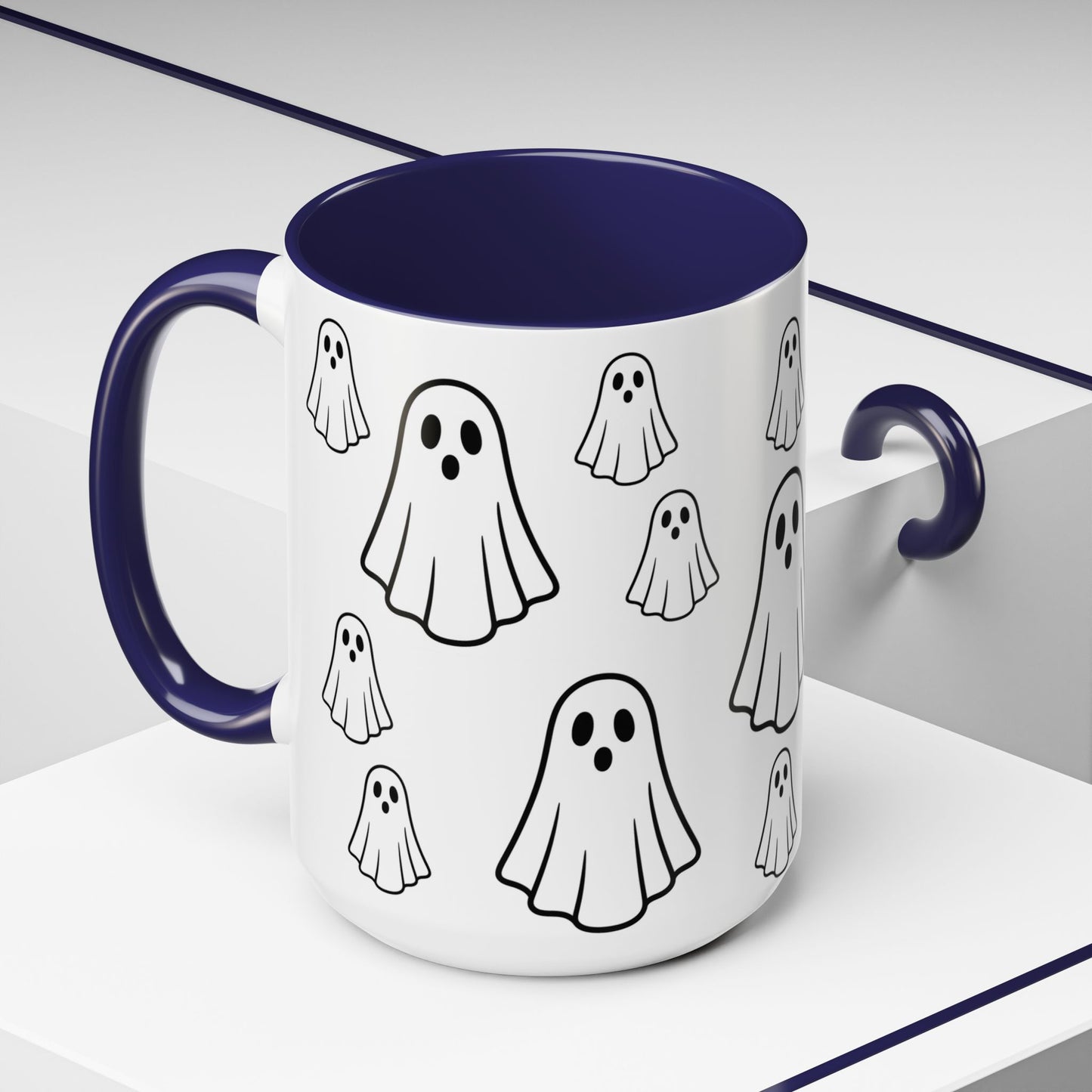 Printify ghost pattern ceramic coffee mug with cute Halloween design, available in 11oz and 15oz sizes.