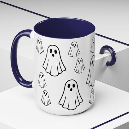 Printify ghost pattern ceramic coffee mug with cute Halloween design, available in 11oz and 15oz sizes.