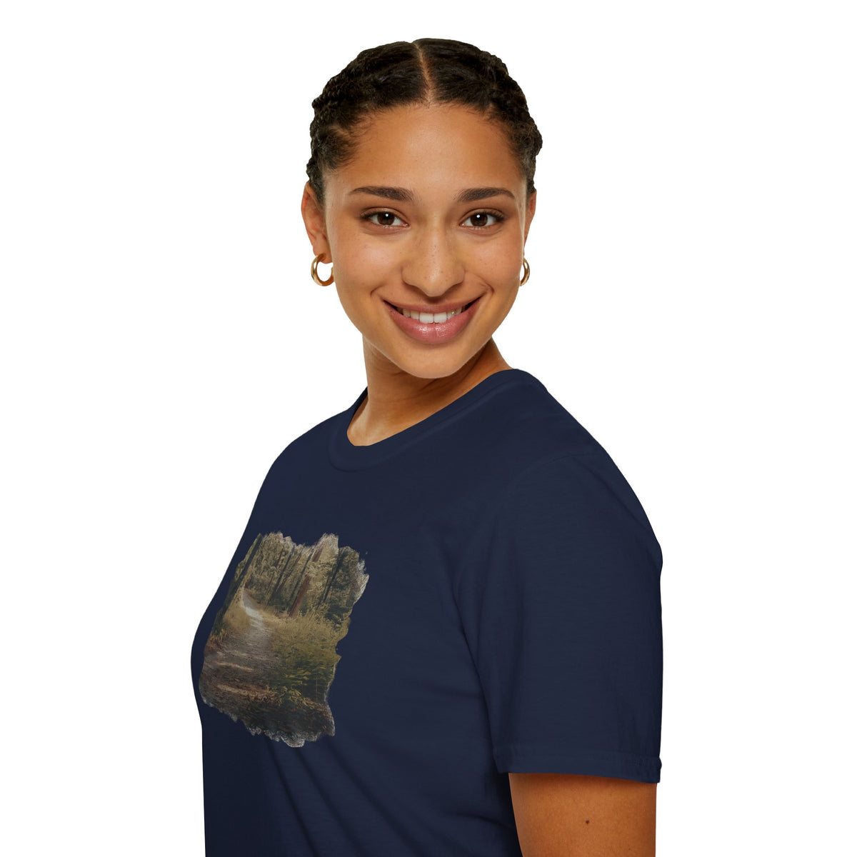 Vintage forest landscape print on Printify Nature Pathway T-Shirt featuring a scenic nature pathway design.