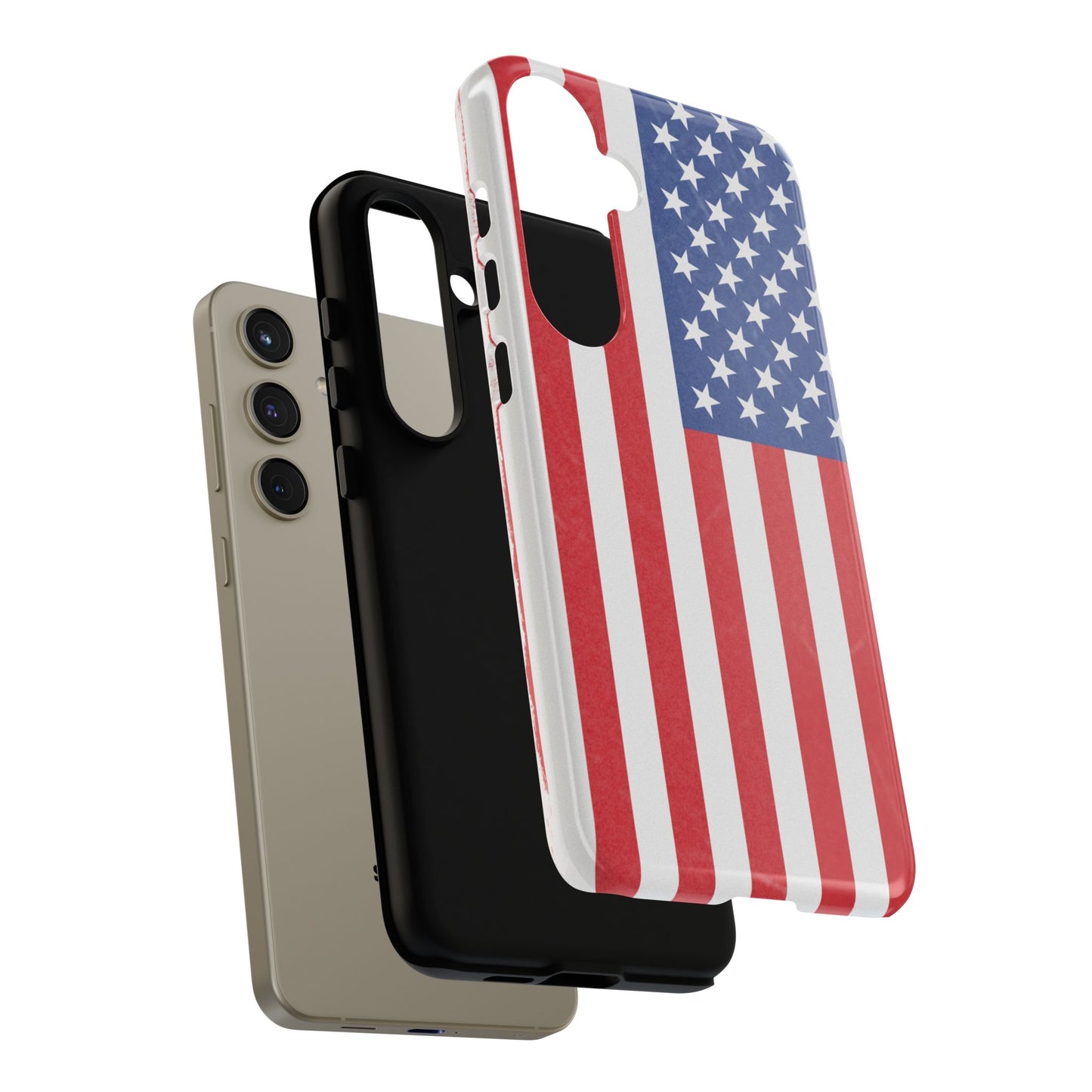 Durable American flag phone case for iPhone by Printify, featuring a tough, patriotic design with red, white, and blue stars and stripes.