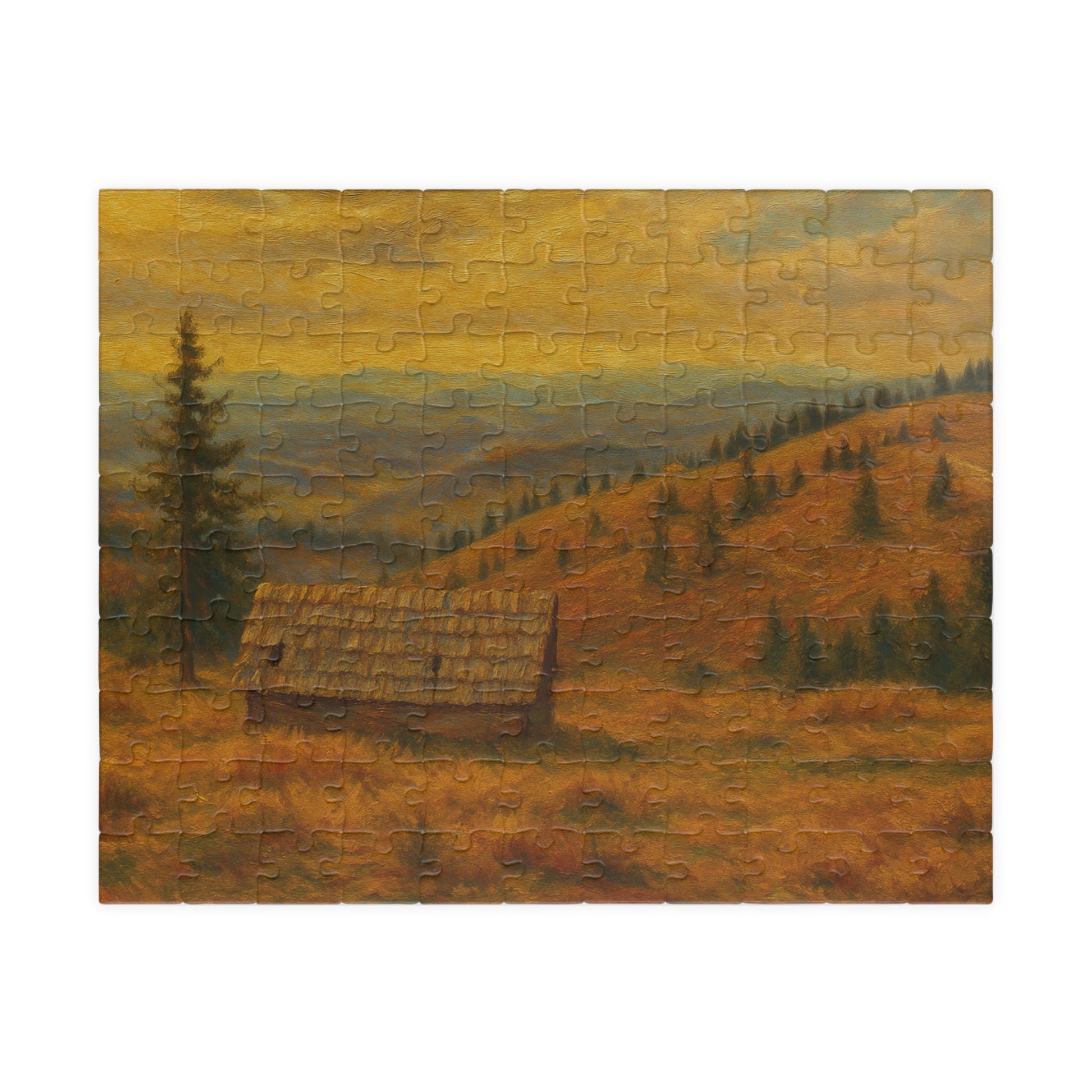 520-piece Autumn Mountain Cabin puzzle by Printify featuring a scenic landscape with a cozy cabin and colorful fall foliage.