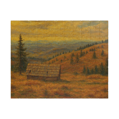 520-piece Autumn Mountain Cabin puzzle by Printify featuring a scenic landscape with a cozy cabin and colorful fall foliage.