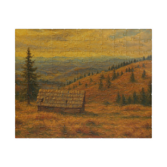 520-piece Autumn Mountain Cabin puzzle by Printify featuring a scenic landscape with a cozy cabin and colorful fall foliage.