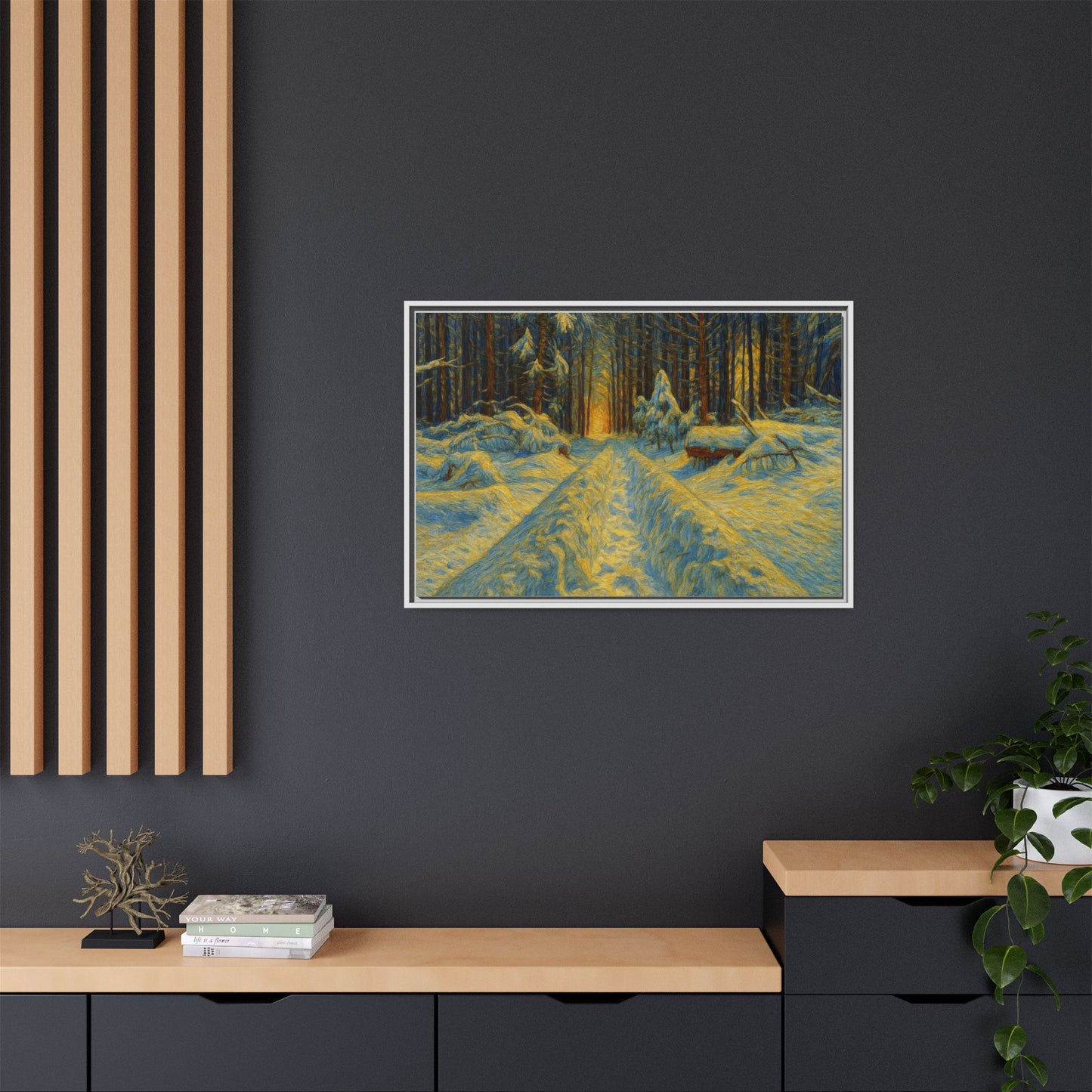 Framed matte canvas print of a snowy forest path at sunset, wall art by Printify showcasing winter landscape scenery.